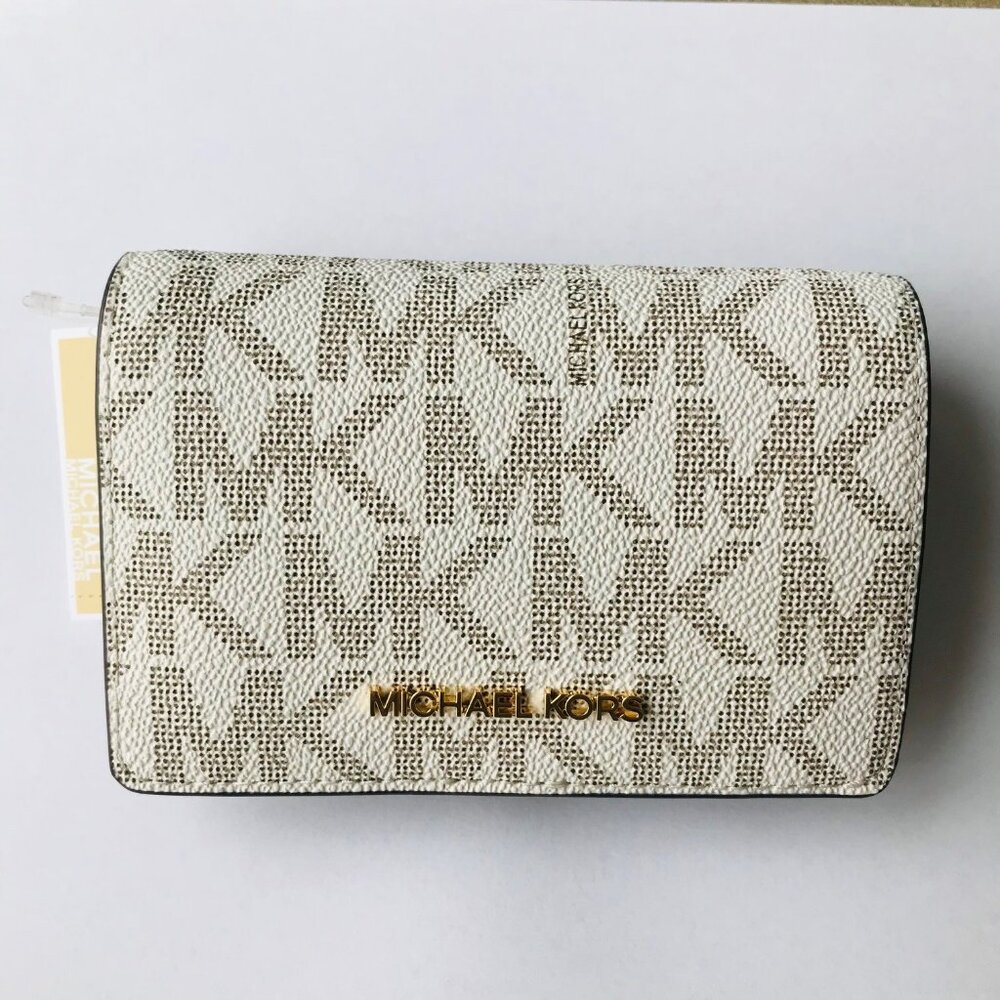 MICHAEL KORS JET SET MD Slim Wallet VANILLA / LUGG MK LOGO ID window  NWT